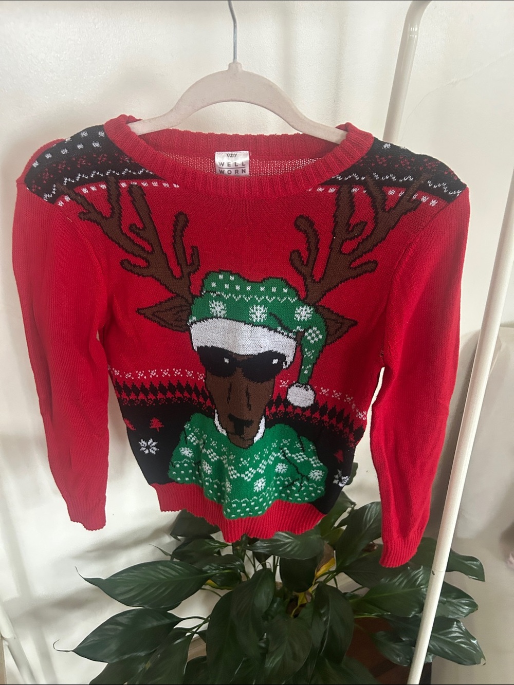 Red Holiday Reindeer Sweater with Green Accents